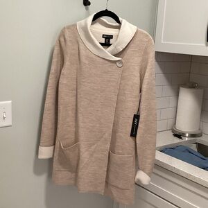 NY Collection Beige and Cream Shawl Collar Open Front Cardigan